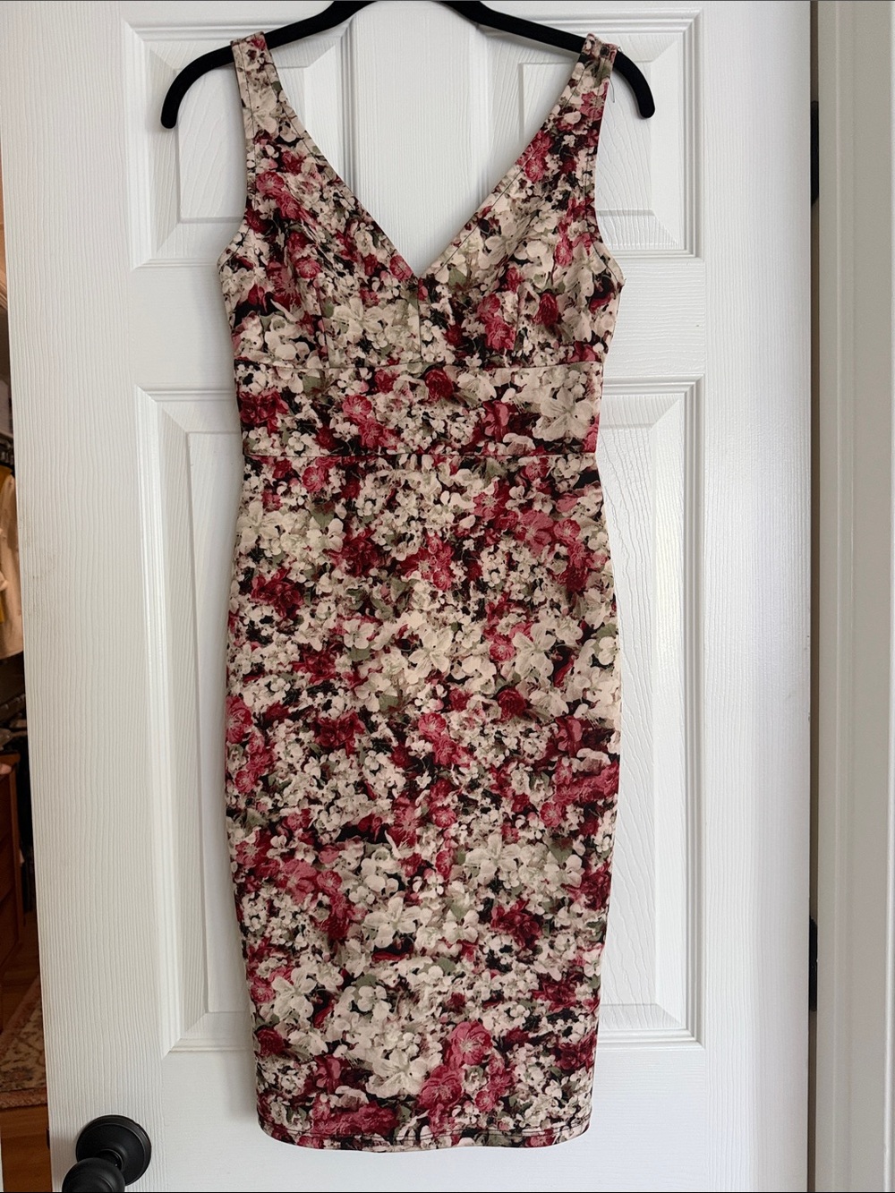 Lovely Day V-Neck Sheath Dress in Cream and Red